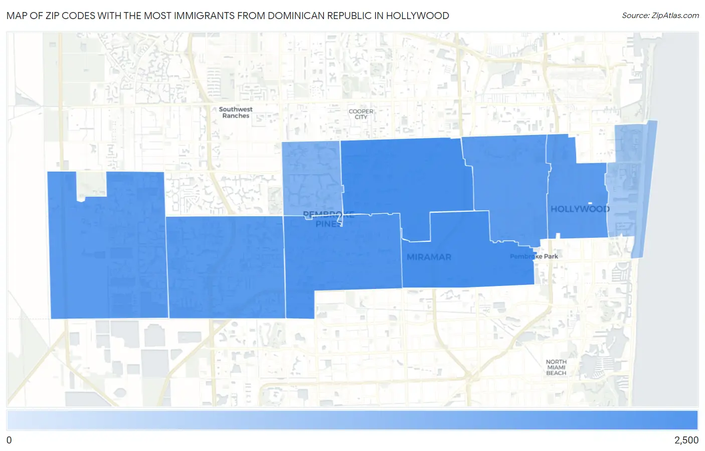 Zip Codes with the Most Immigrants from Dominican Republic in Hollywood Map