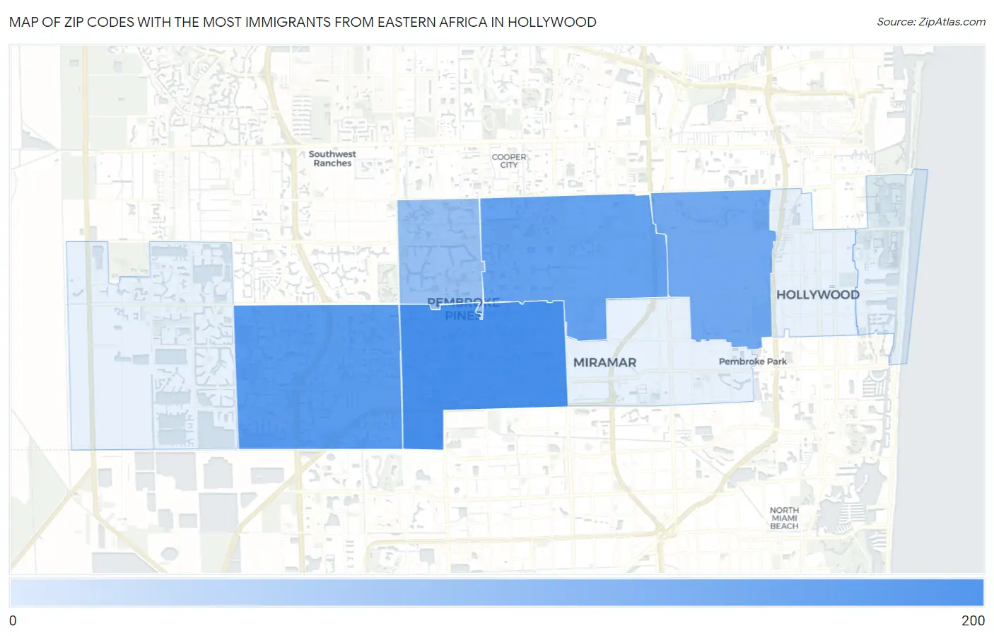 Zip Codes with the Most Immigrants from Eastern Africa in Hollywood Map