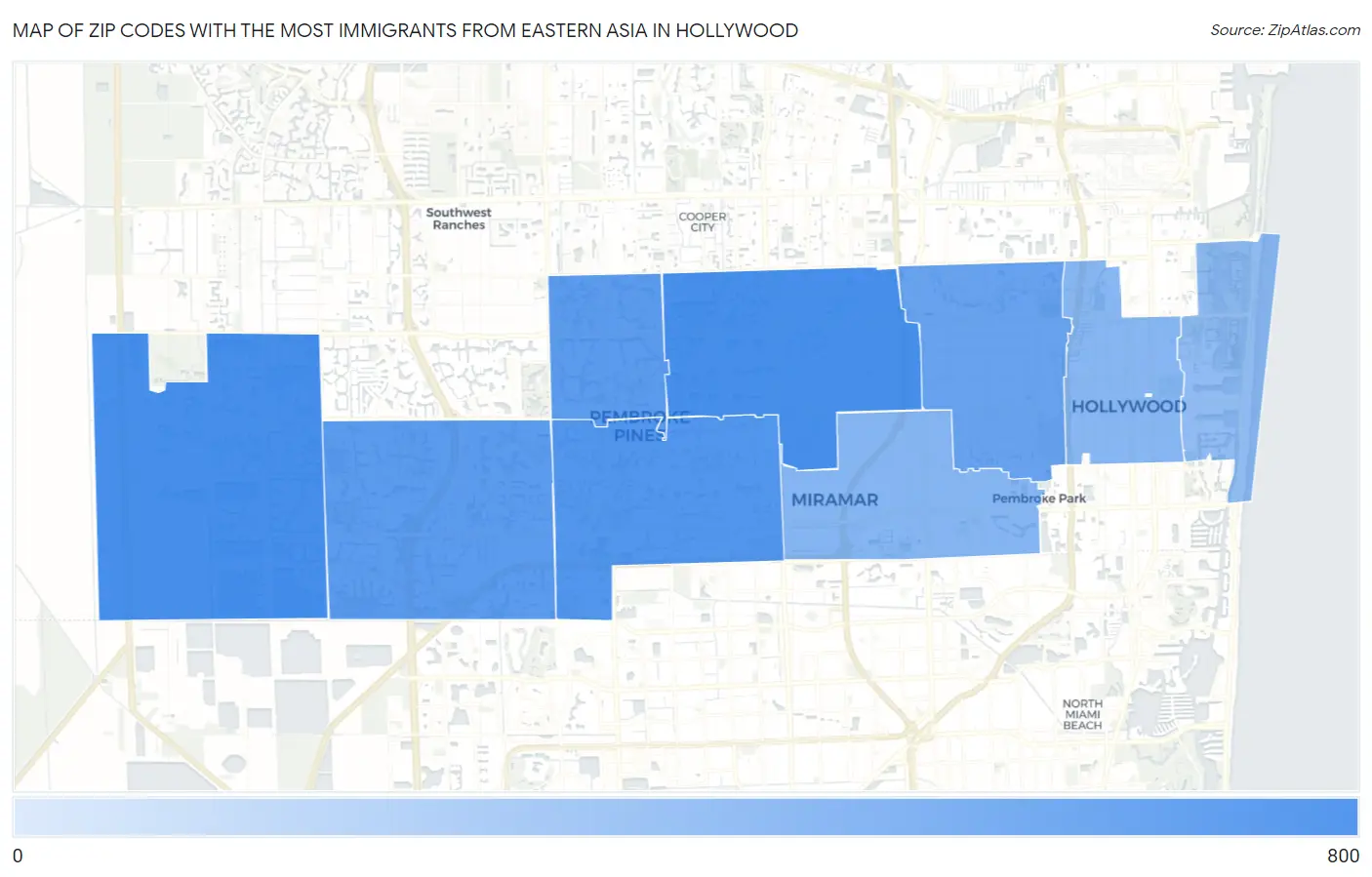 Zip Codes with the Most Immigrants from Eastern Asia in Hollywood Map