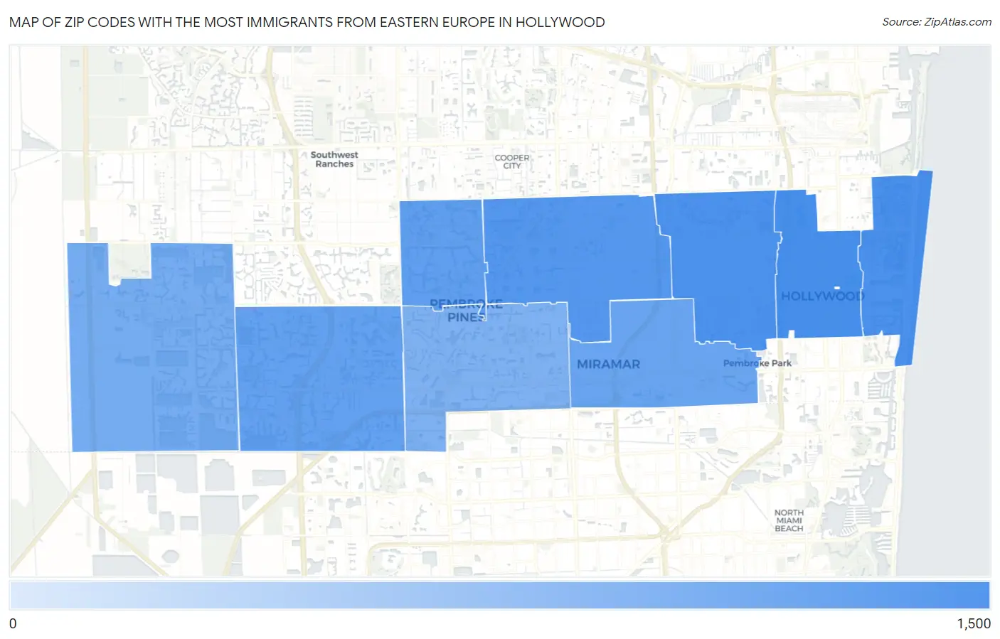 Zip Codes with the Most Immigrants from Eastern Europe in Hollywood Map