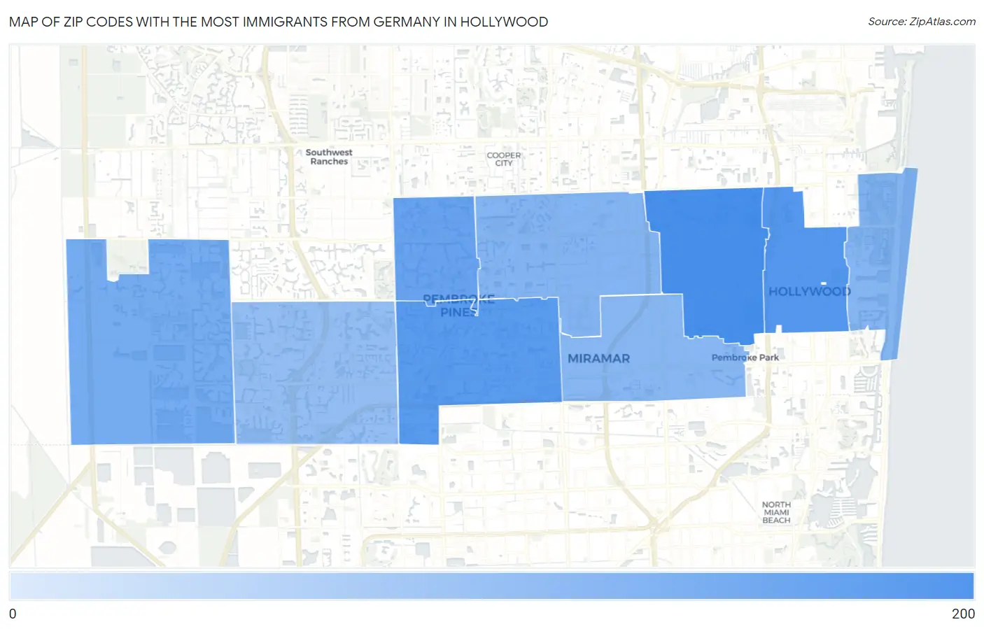 Zip Codes with the Most Immigrants from Germany in Hollywood Map