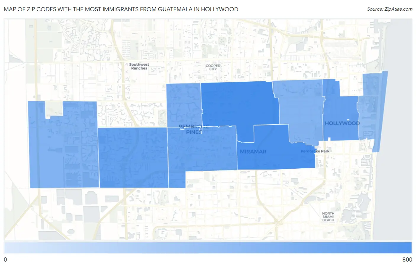 Zip Codes with the Most Immigrants from Guatemala in Hollywood Map