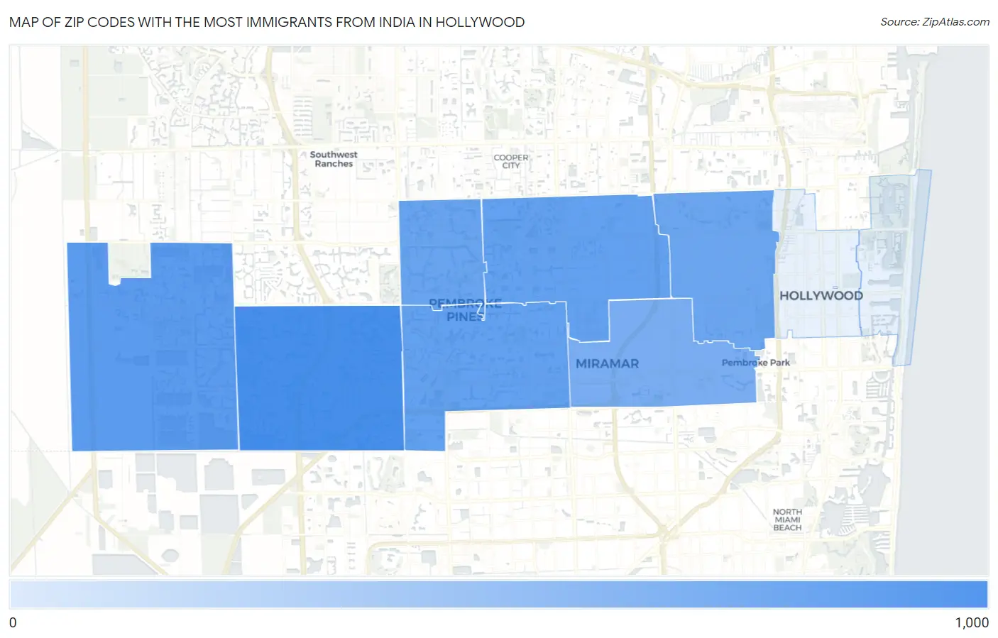 Zip Codes with the Most Immigrants from India in Hollywood Map