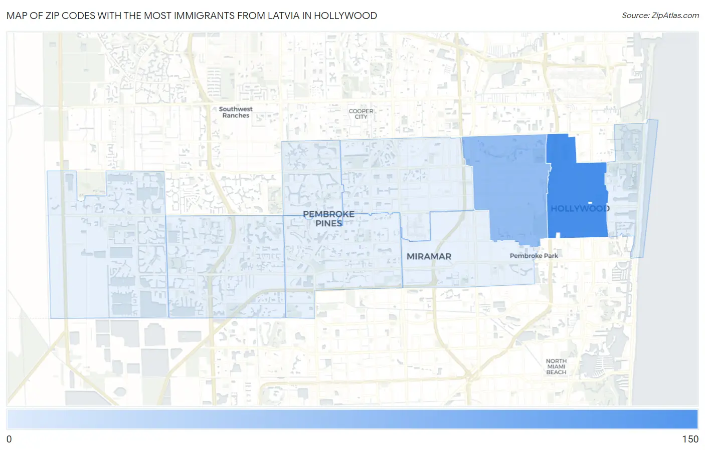 Zip Codes with the Most Immigrants from Latvia in Hollywood Map