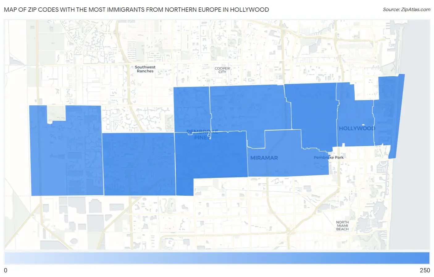 Zip Codes with the Most Immigrants from Northern Europe in Hollywood Map