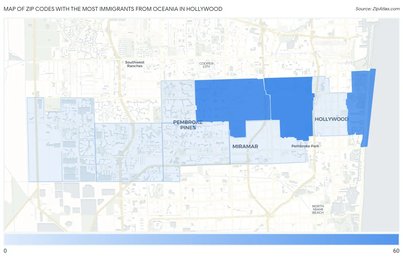 Zip Codes with the Most Immigrants from Oceania in Hollywood Map