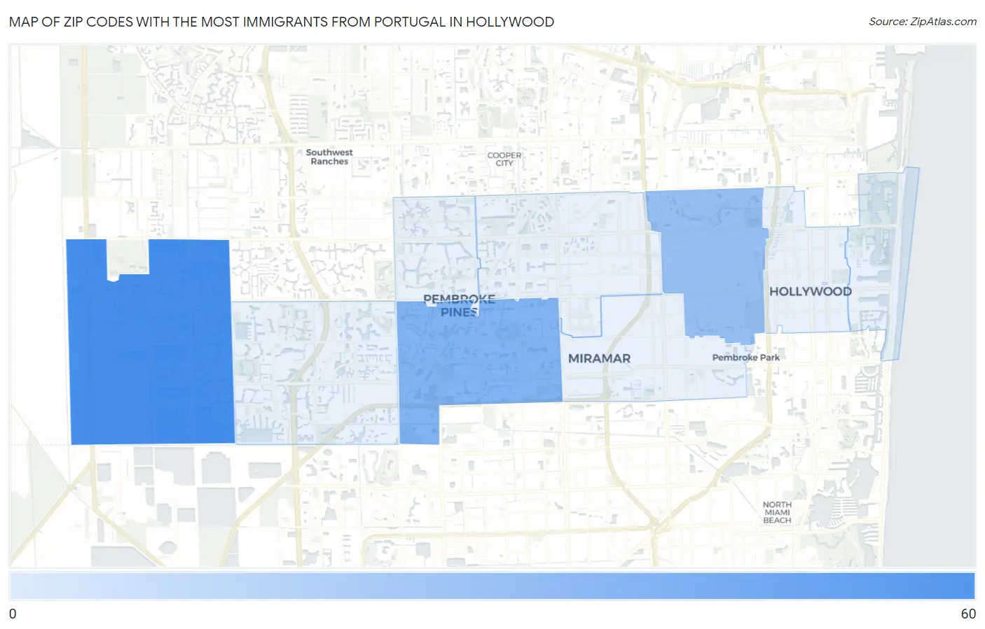 Zip Codes with the Most Immigrants from Portugal in Hollywood Map