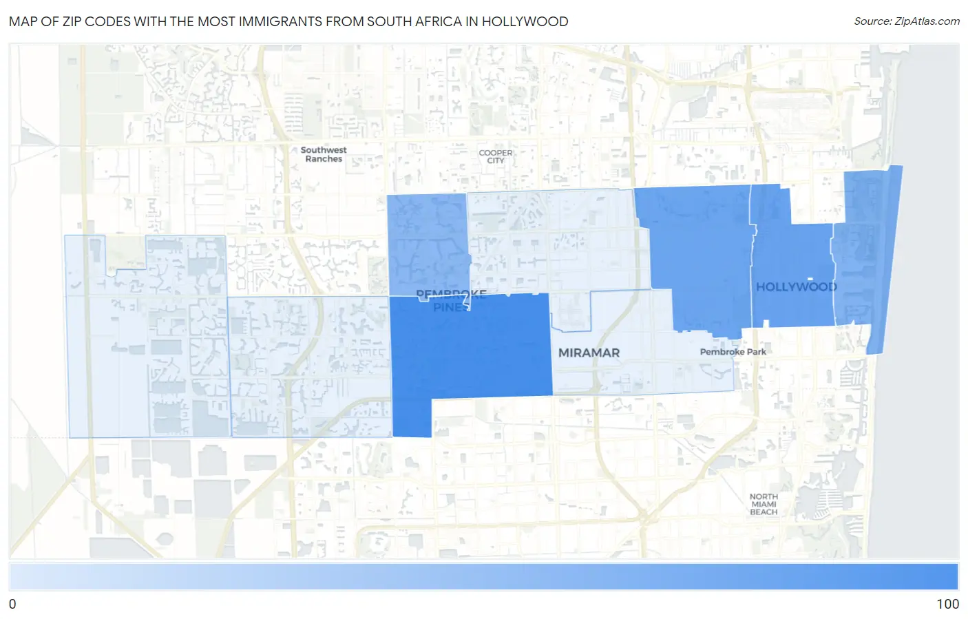 Zip Codes with the Most Immigrants from South Africa in Hollywood Map