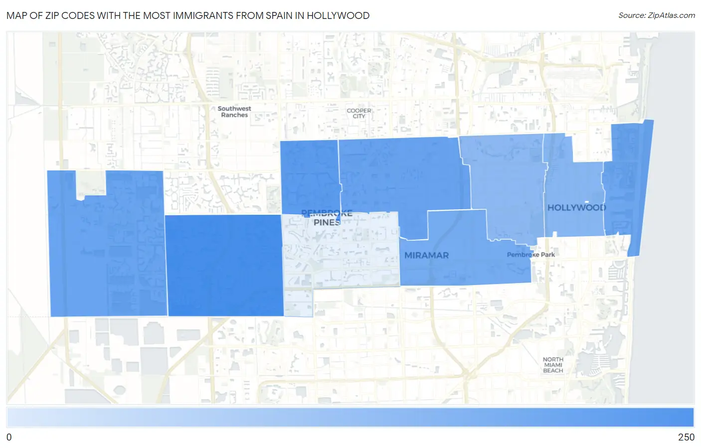 Zip Codes with the Most Immigrants from Spain in Hollywood Map