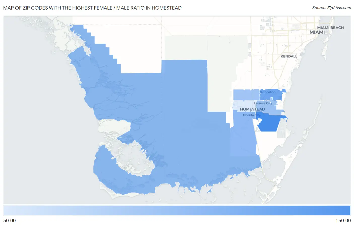 Zip Codes with the Highest Female / Male Ratio in Homestead Map