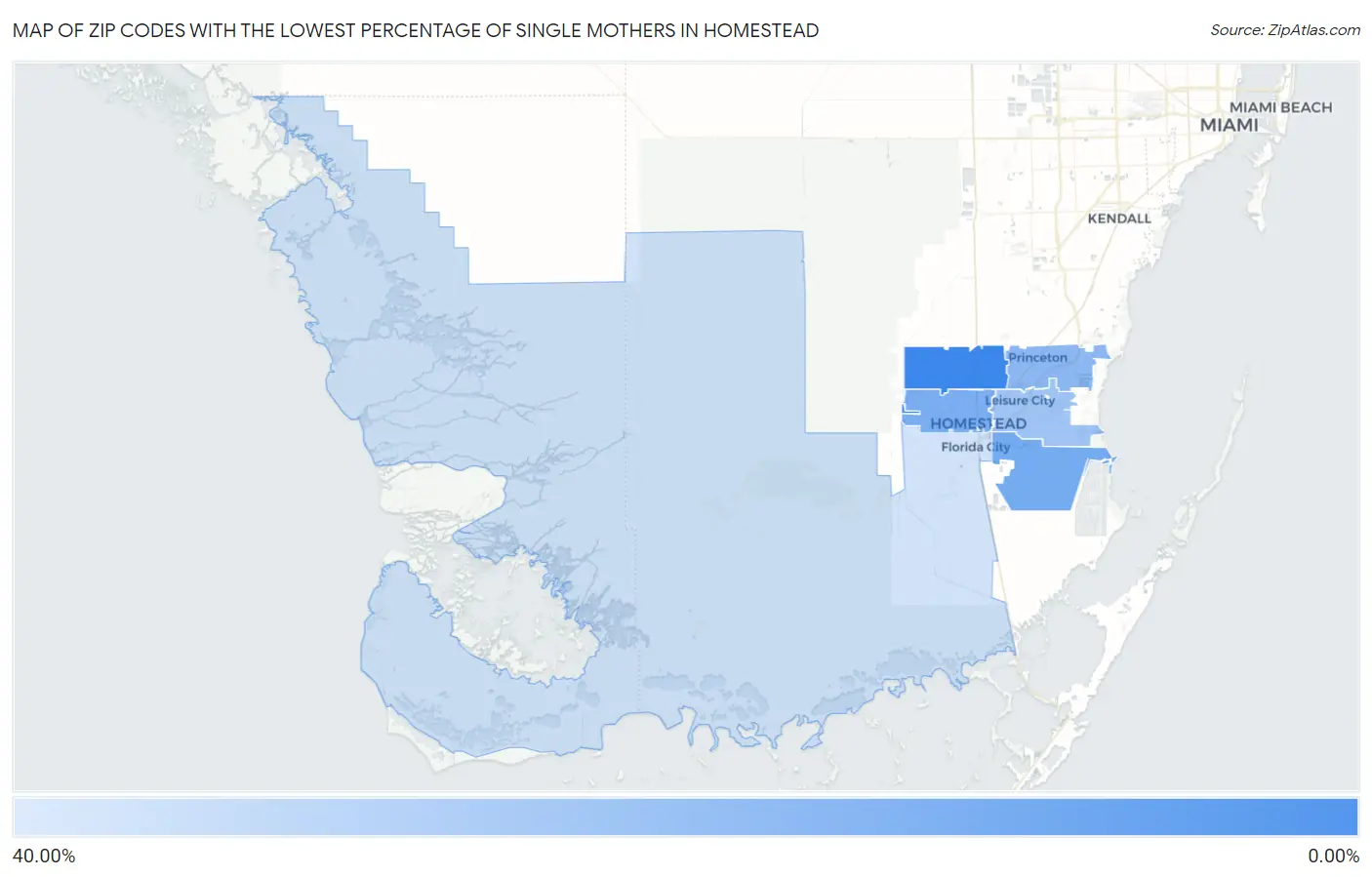 Zip Codes with the Lowest Percentage of Single Mothers in Homestead Map