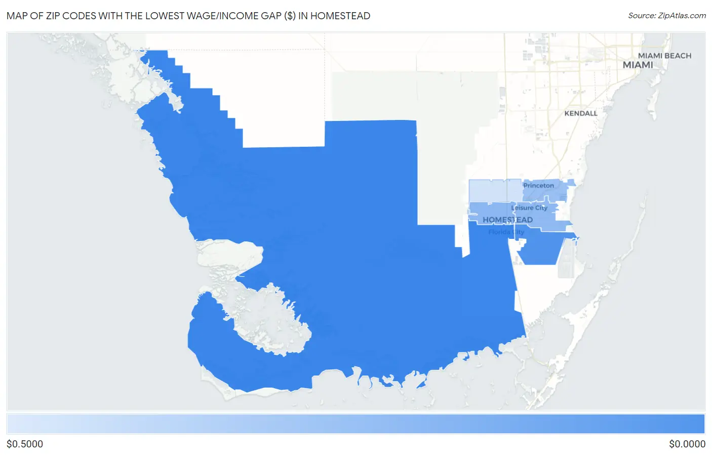 Zip Codes with the Lowest Wage/Income Gap ($) in Homestead Map