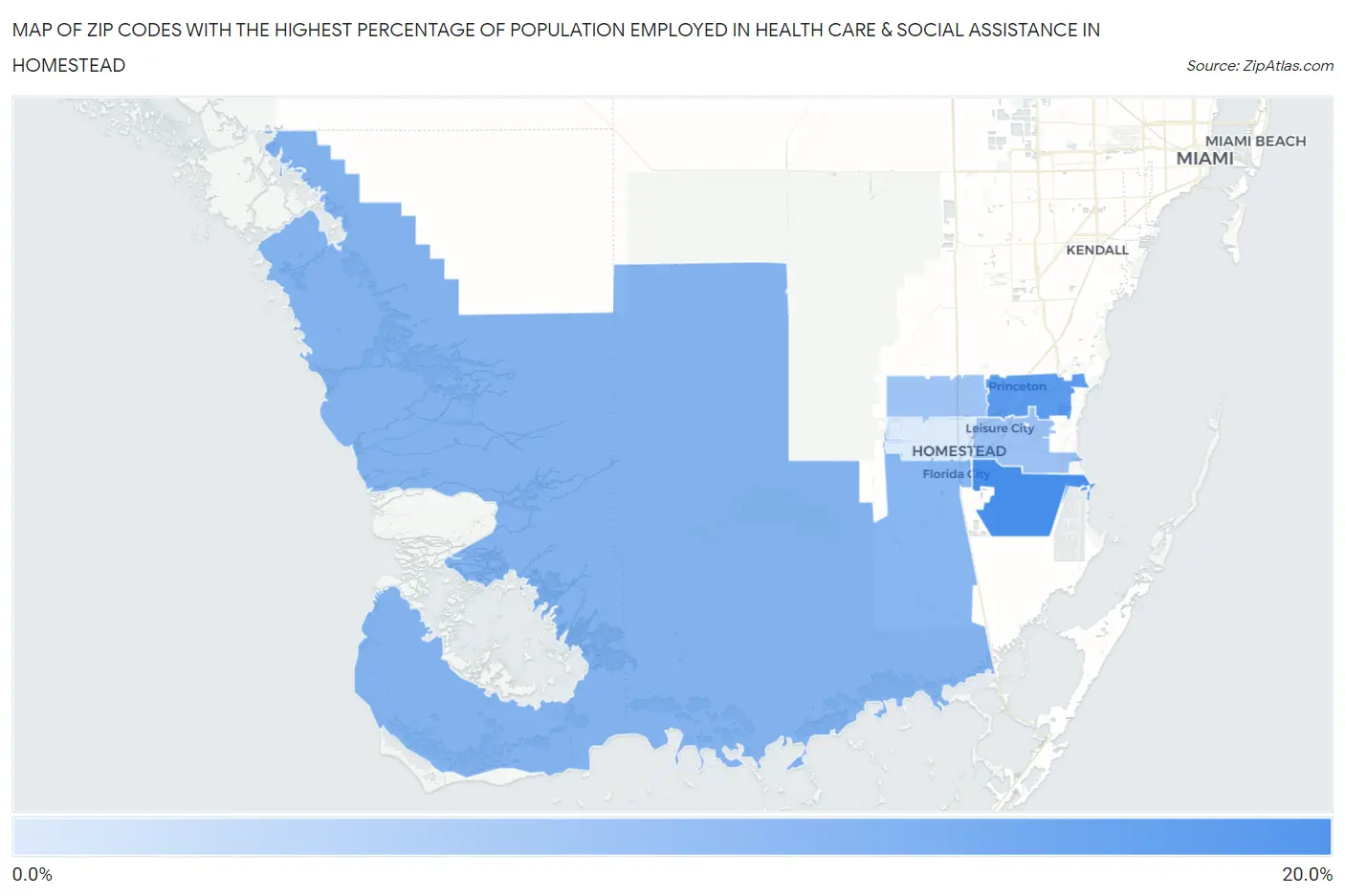 Zip Codes with the Highest Percentage of Population Employed in Health Care & Social Assistance in Homestead Map