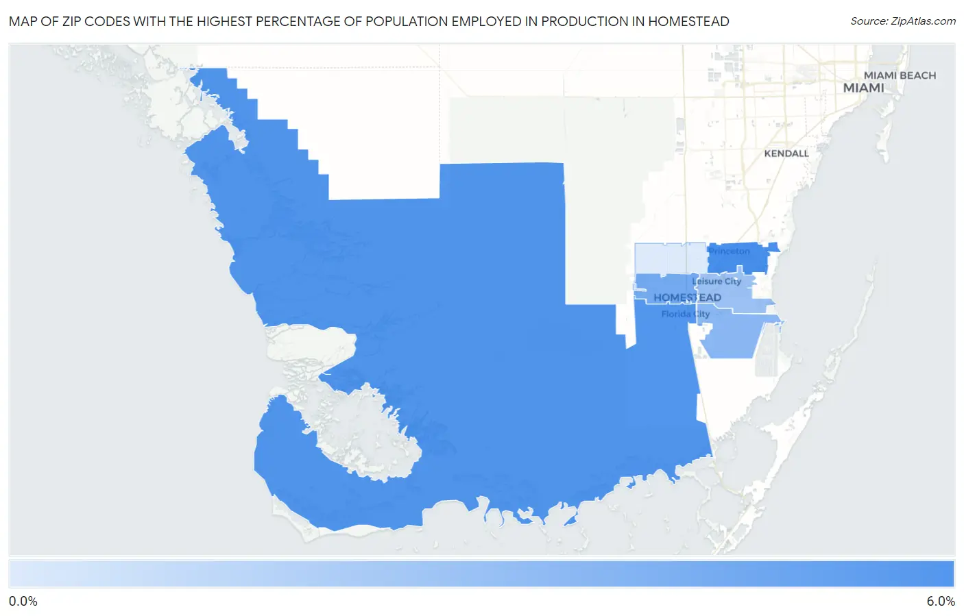 Zip Codes with the Highest Percentage of Population Employed in Production in Homestead Map