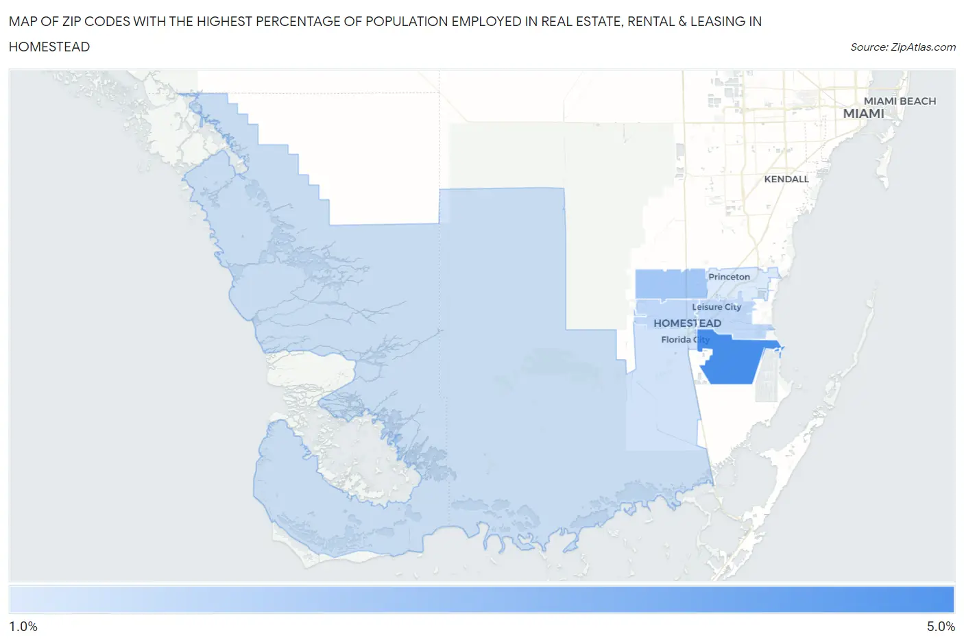 Zip Codes with the Highest Percentage of Population Employed in Real Estate, Rental & Leasing in Homestead Map