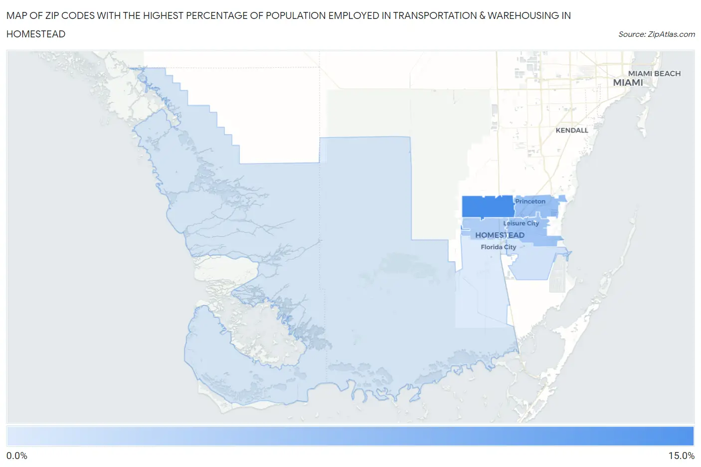 Zip Codes with the Highest Percentage of Population Employed in Transportation & Warehousing in Homestead Map