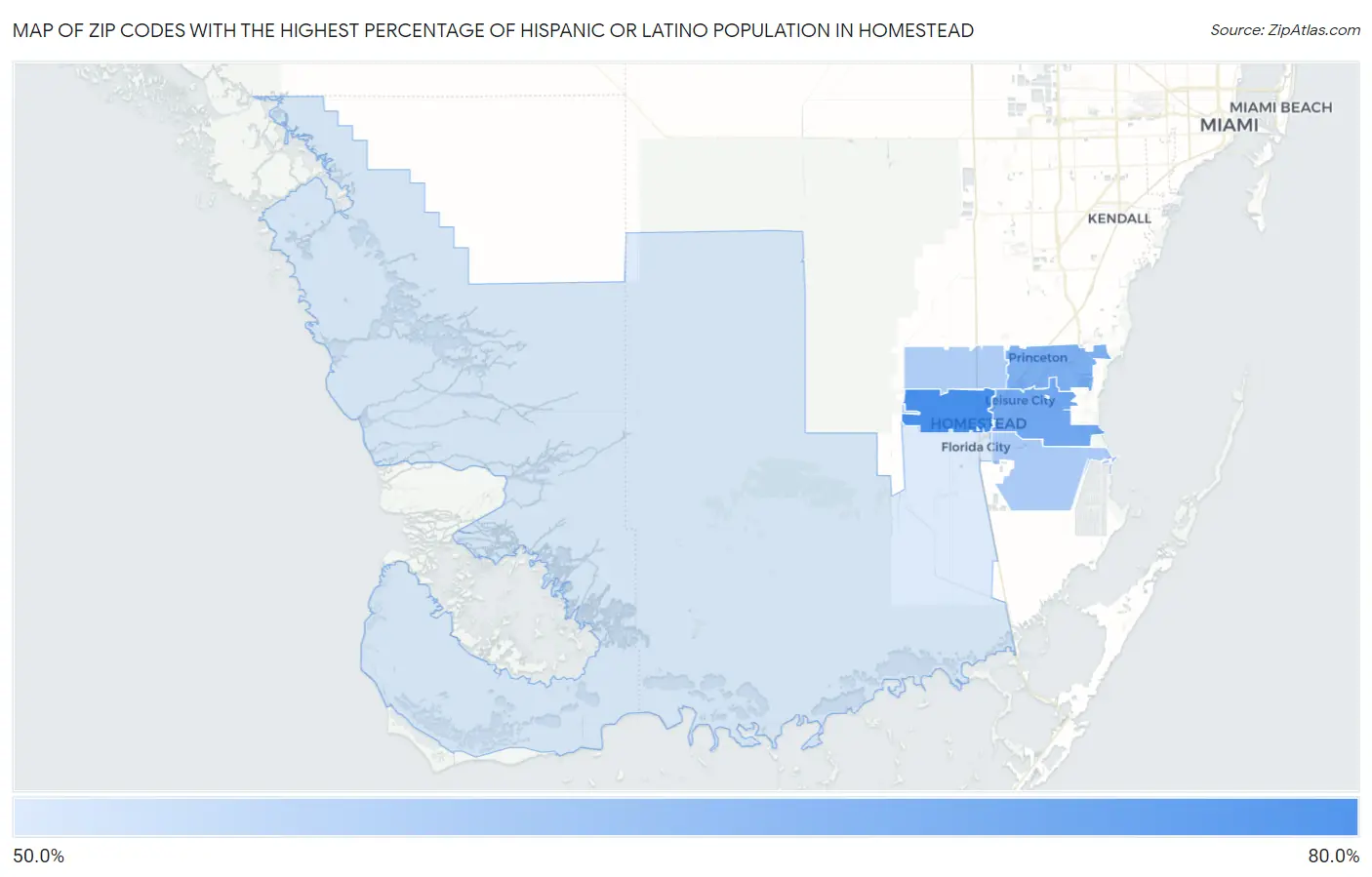 Zip Codes with the Highest Percentage of Hispanic or Latino Population in Homestead Map