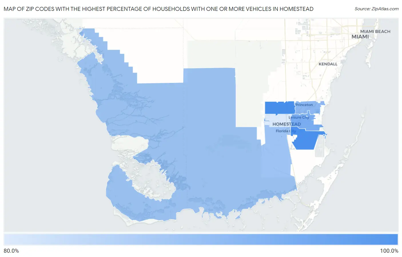 Zip Codes with the Highest Percentage of Households With One or more Vehicles in Homestead Map