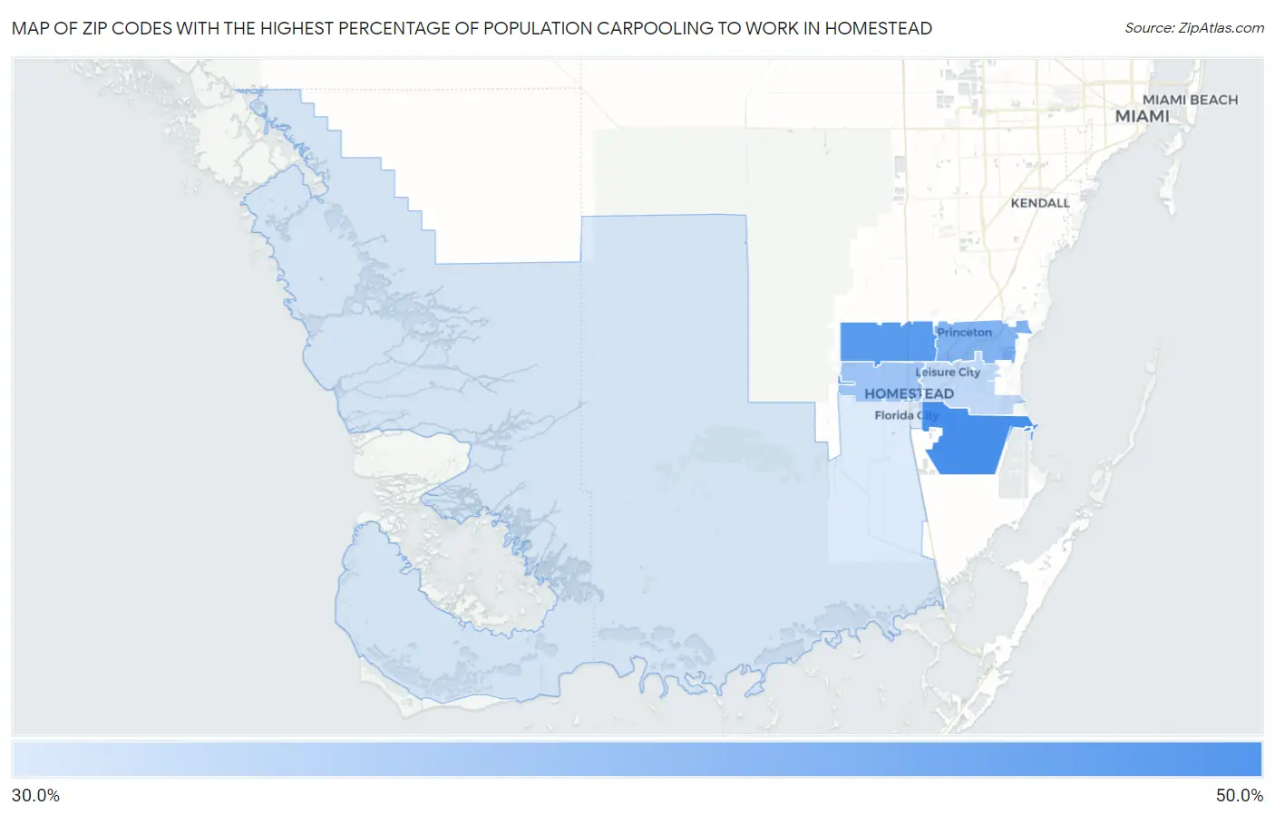 Zip Codes with the Highest Percentage of Population Carpooling to Work in Homestead Map