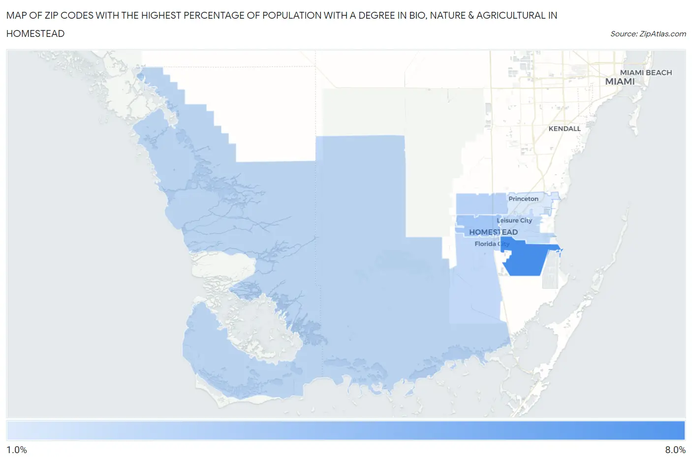 Zip Codes with the Highest Percentage of Population with a Degree in Bio, Nature & Agricultural in Homestead Map