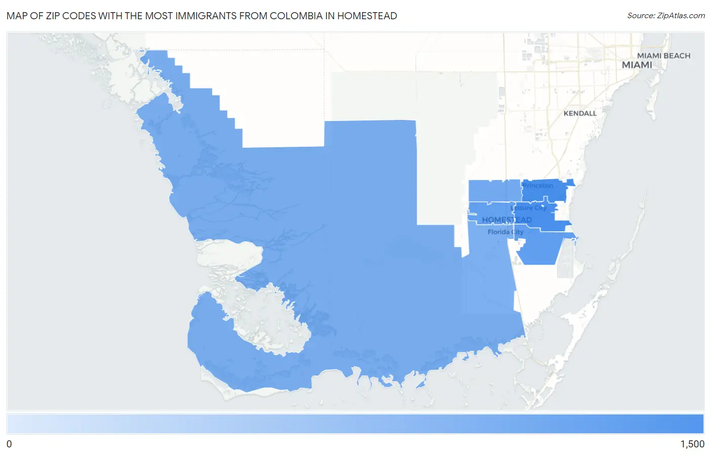 Zip Codes with the Most Immigrants from Colombia in Homestead Map