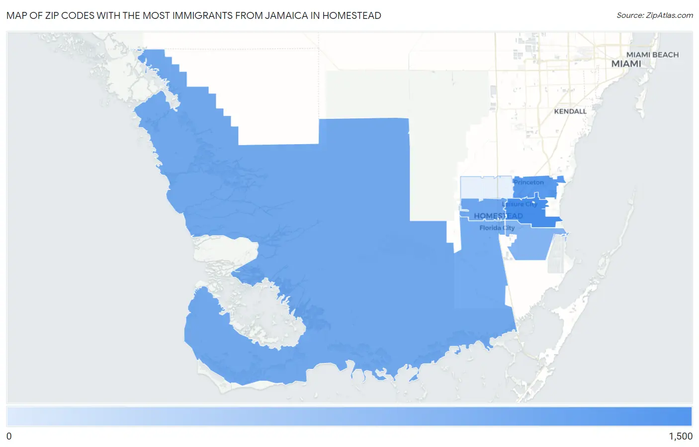 Zip Codes with the Most Immigrants from Jamaica in Homestead Map
