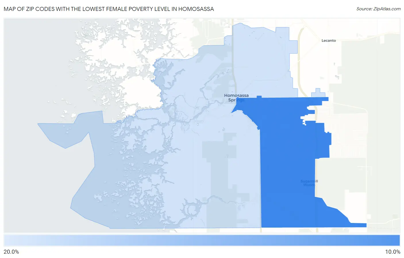 Zip Codes with the Lowest Female Poverty Level in Homosassa Map