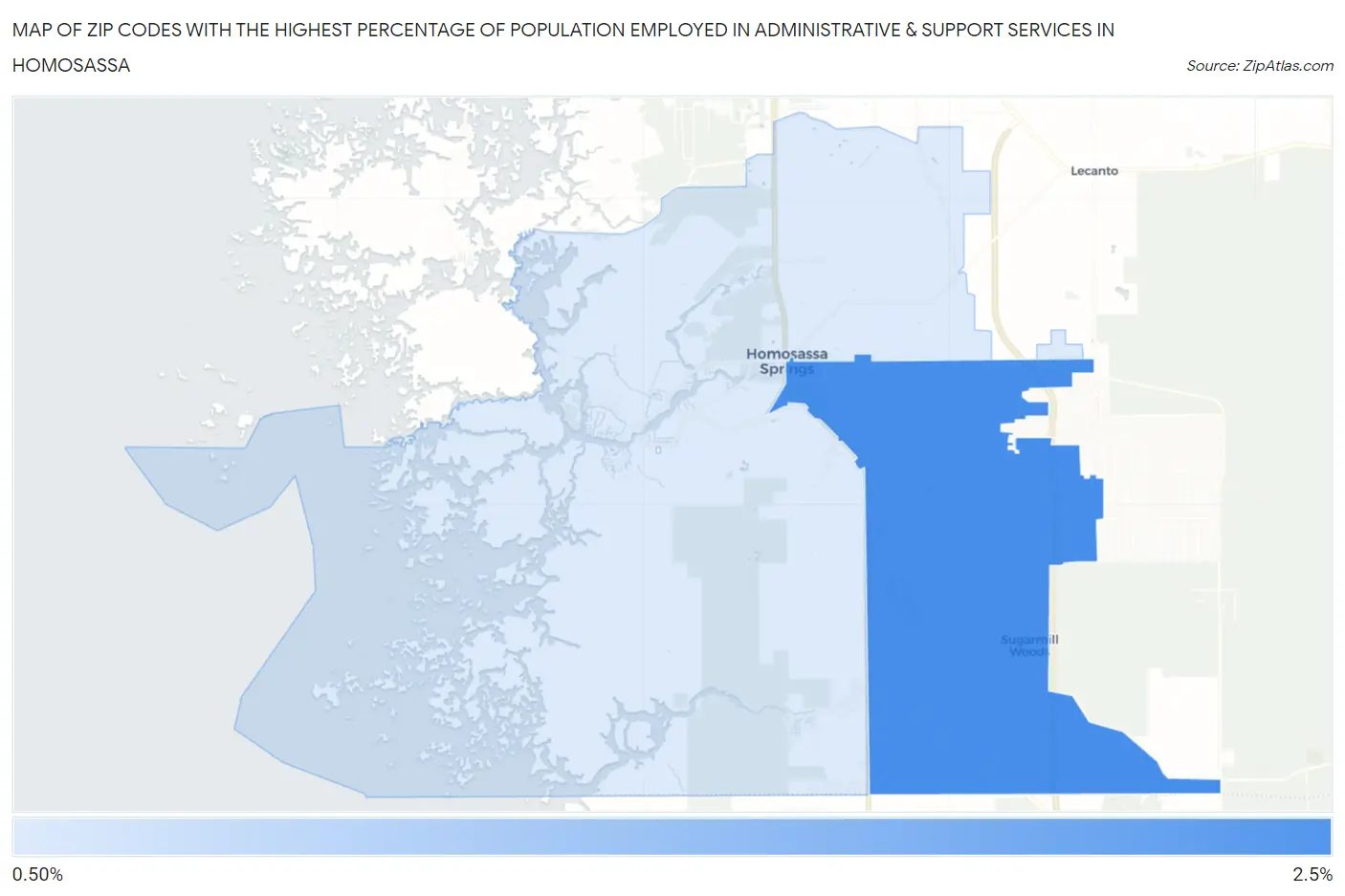 Zip Codes with the Highest Percentage of Population Employed in Administrative & Support Services in Homosassa Map