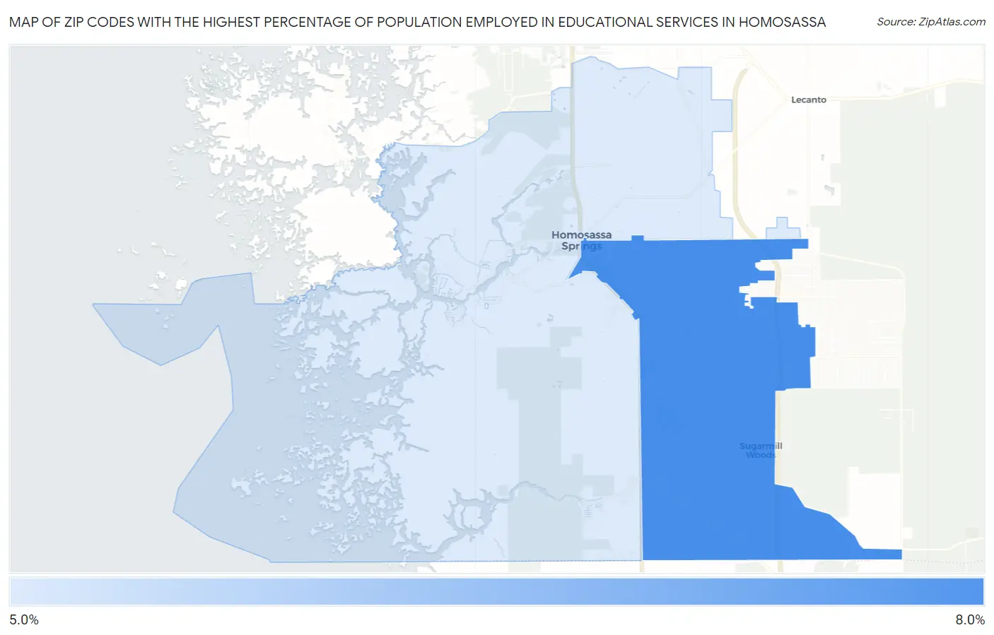 Zip Codes with the Highest Percentage of Population Employed in Educational Services in Homosassa Map