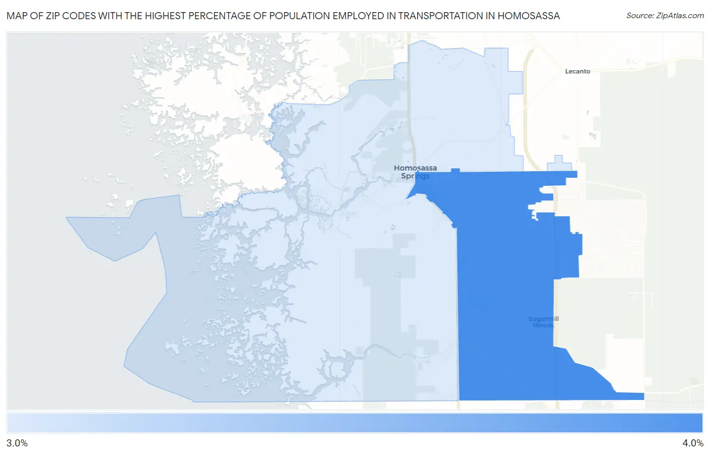 Zip Codes with the Highest Percentage of Population Employed in Transportation in Homosassa Map