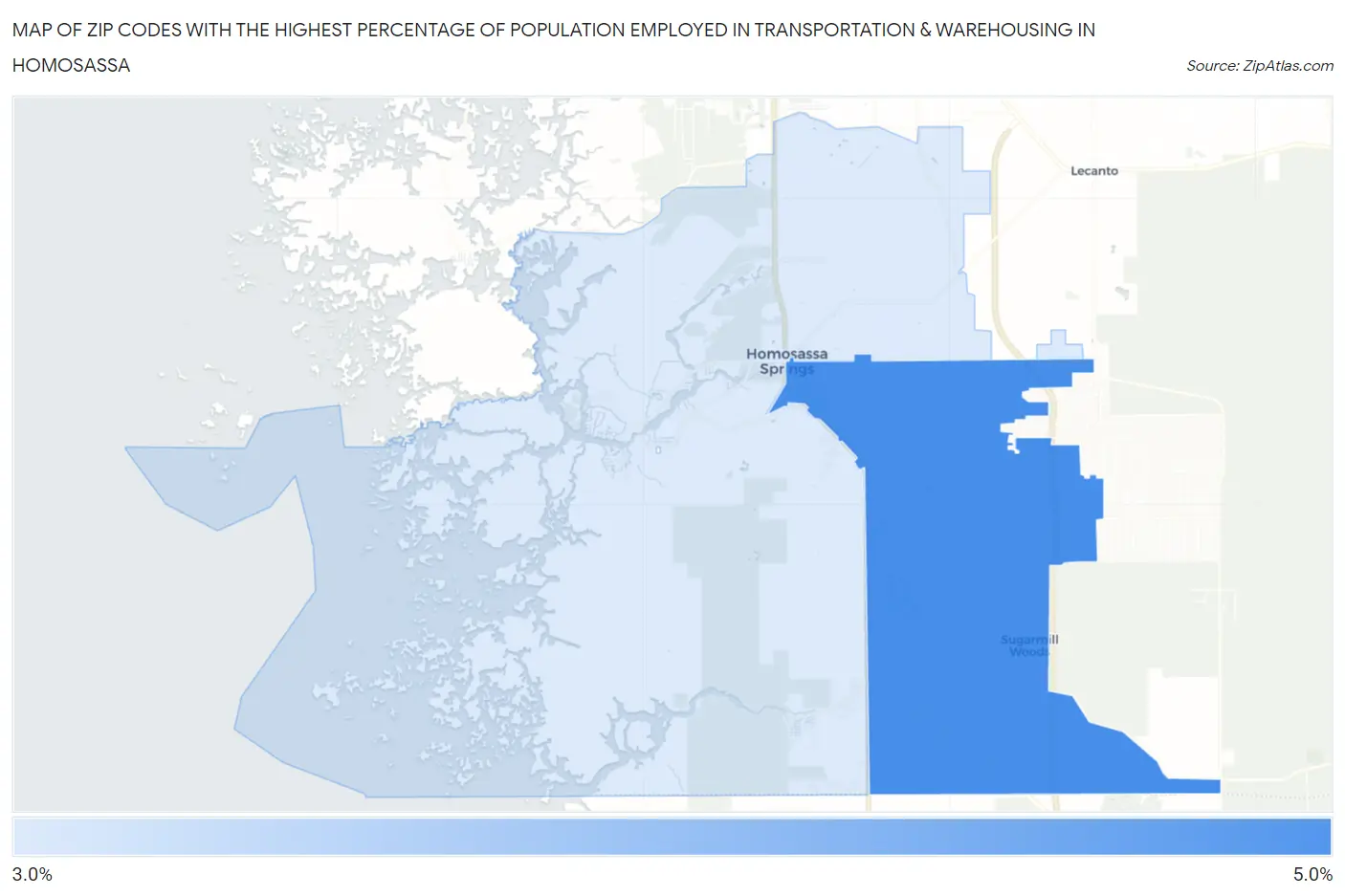 Zip Codes with the Highest Percentage of Population Employed in Transportation & Warehousing in Homosassa Map