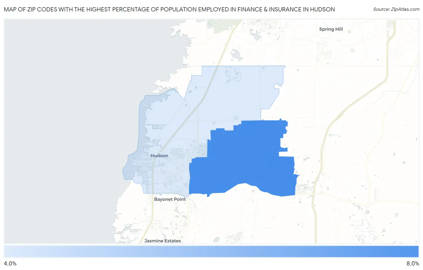 Zip Codes with the Highest Percentage of Population Employed in Finance & Insurance in Hudson Map