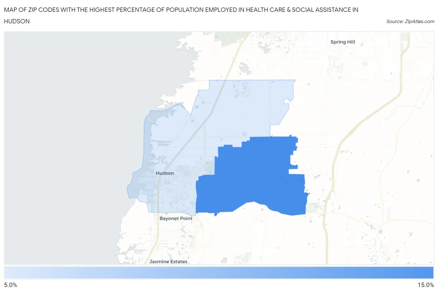 Zip Codes with the Highest Percentage of Population Employed in Health Care & Social Assistance in Hudson Map