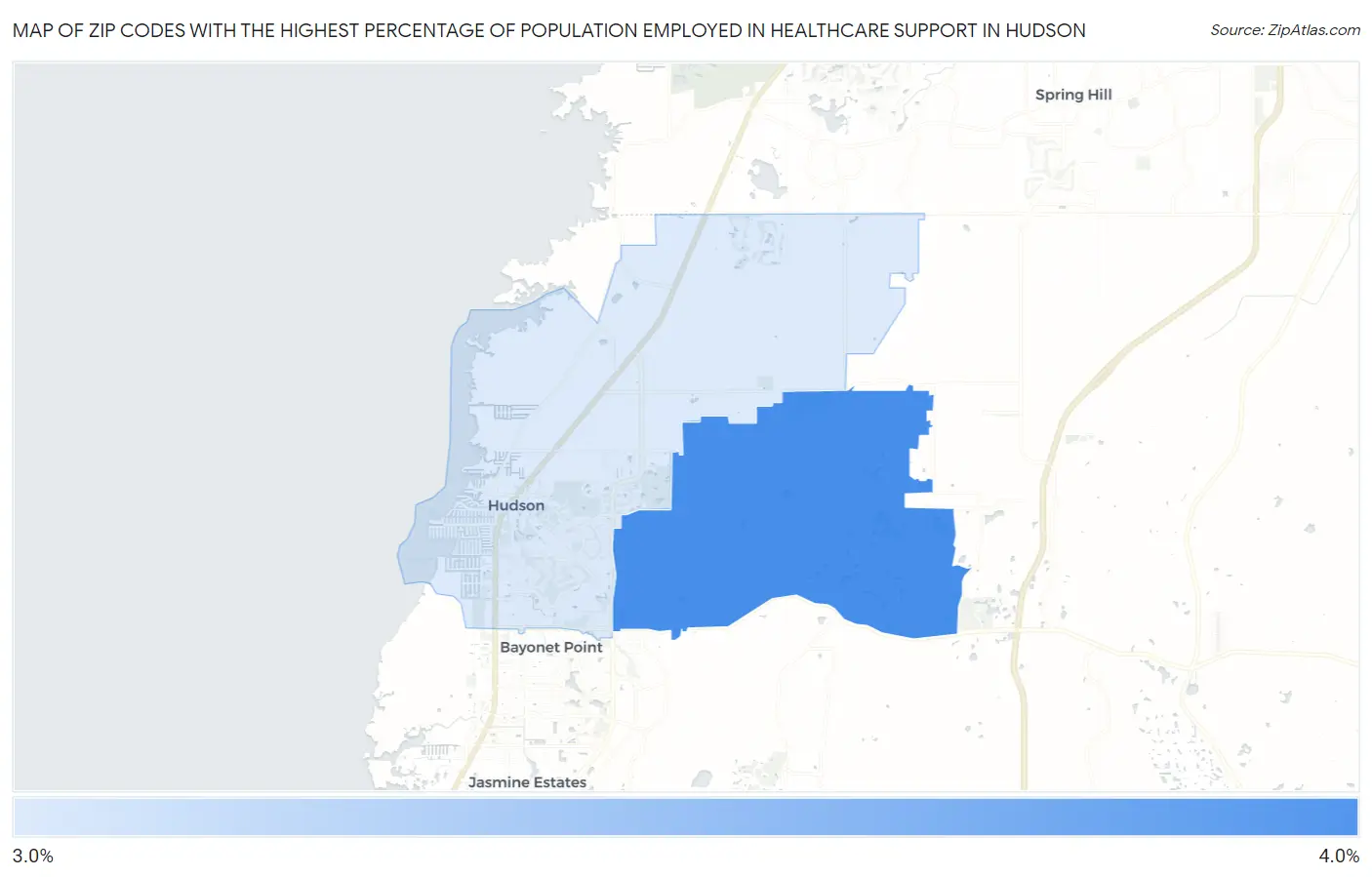 Zip Codes with the Highest Percentage of Population Employed in Healthcare Support in Hudson Map