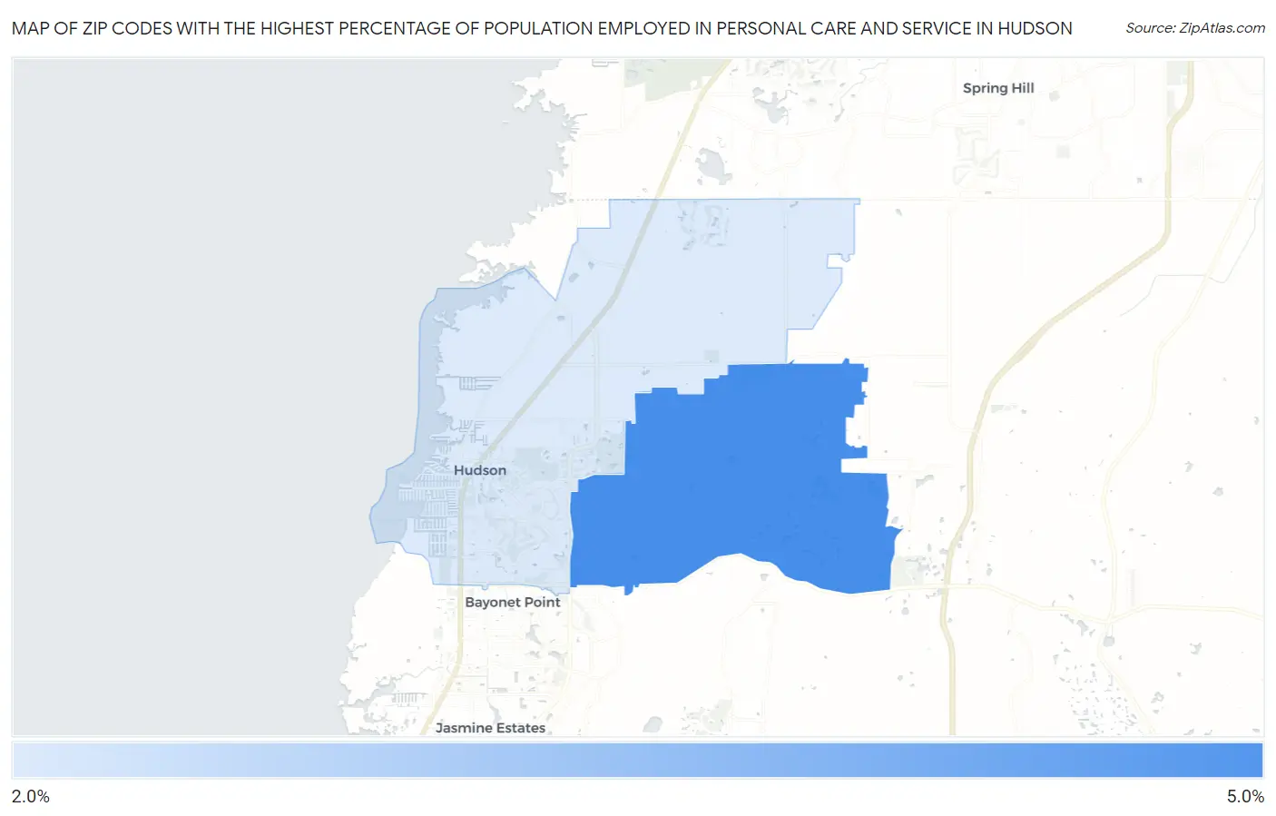Zip Codes with the Highest Percentage of Population Employed in Personal Care and Service in Hudson Map