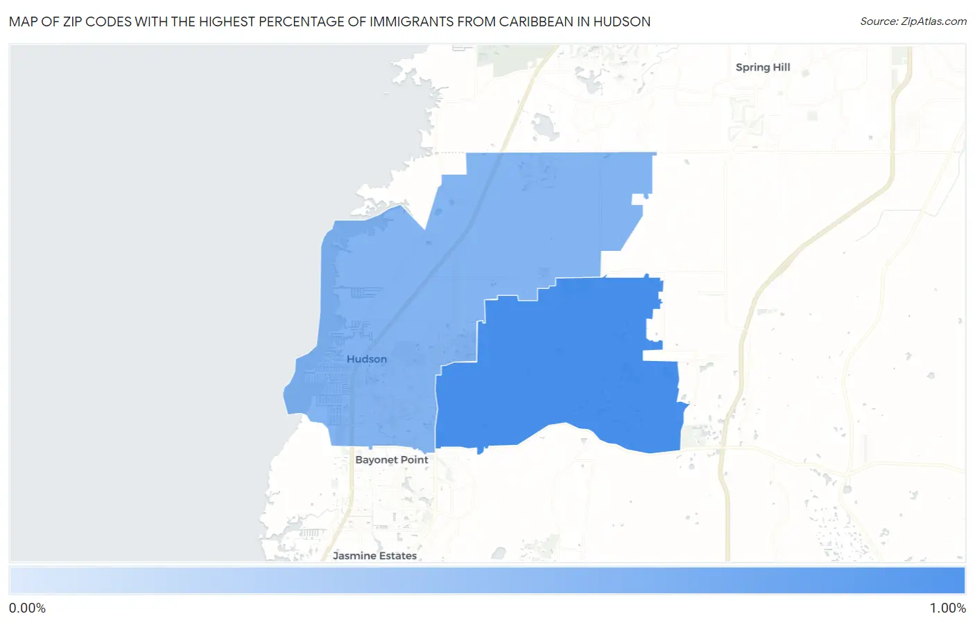 Zip Codes with the Highest Percentage of Immigrants from Caribbean in Hudson Map