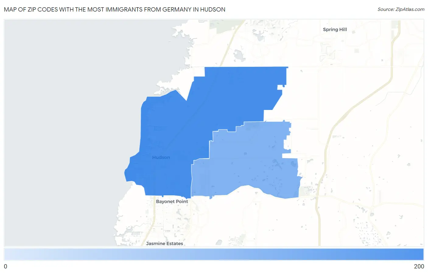 Zip Codes with the Most Immigrants from Germany in Hudson Map