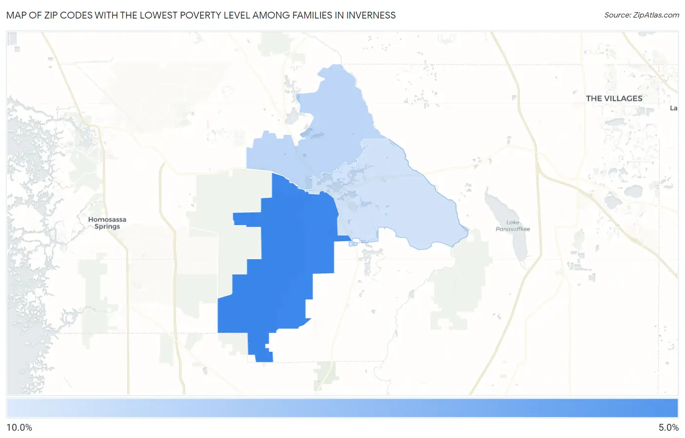 Zip Codes with the Lowest Poverty Level Among Families in Inverness Map