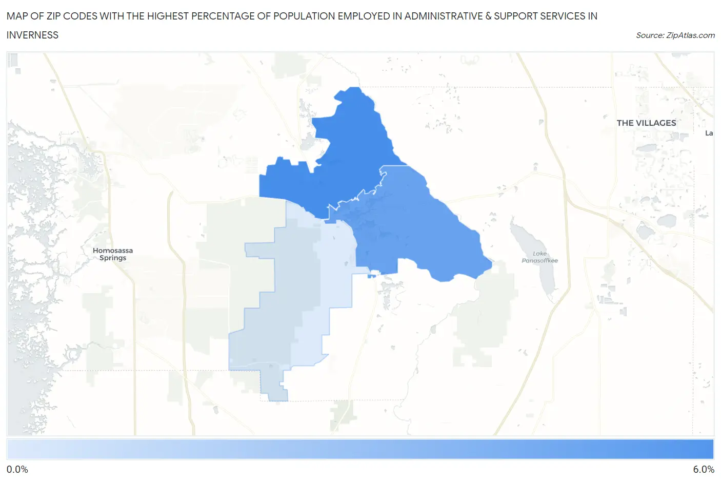 Zip Codes with the Highest Percentage of Population Employed in Administrative & Support Services in Inverness Map