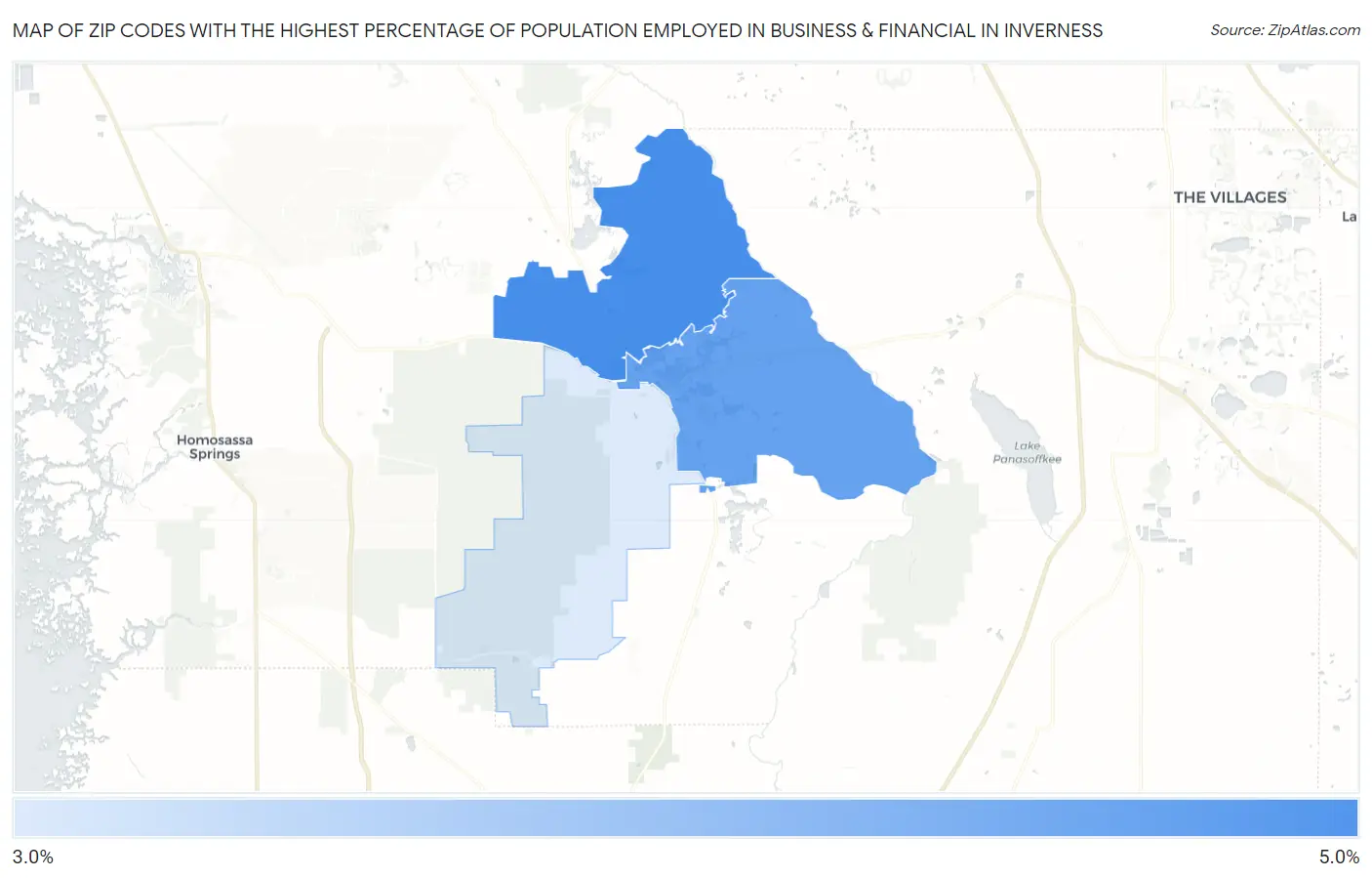 Zip Codes with the Highest Percentage of Population Employed in Business & Financial in Inverness Map