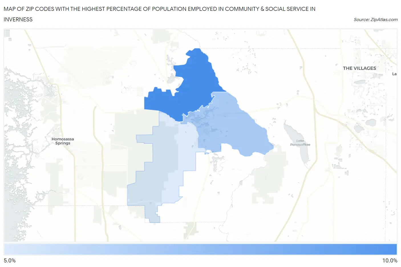 Zip Codes with the Highest Percentage of Population Employed in Community & Social Service  in Inverness Map