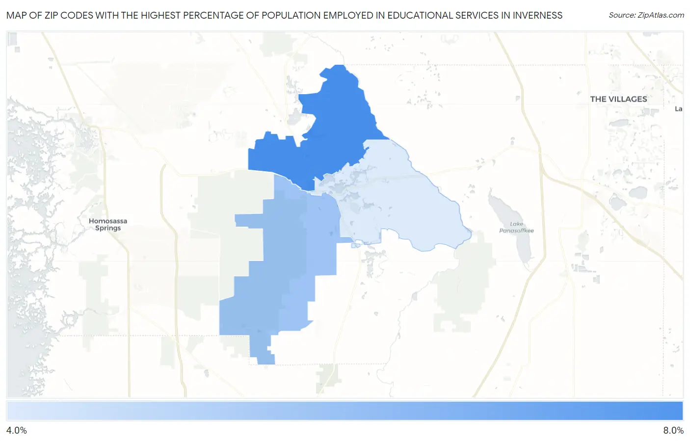 Zip Codes with the Highest Percentage of Population Employed in Educational Services in Inverness Map