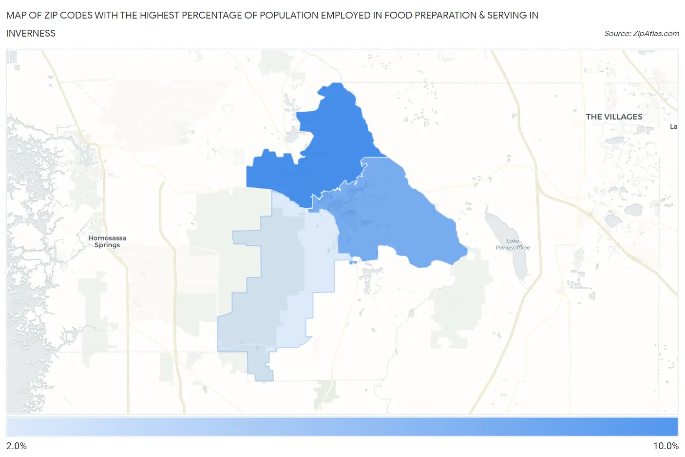 Zip Codes with the Highest Percentage of Population Employed in Food Preparation & Serving in Inverness Map