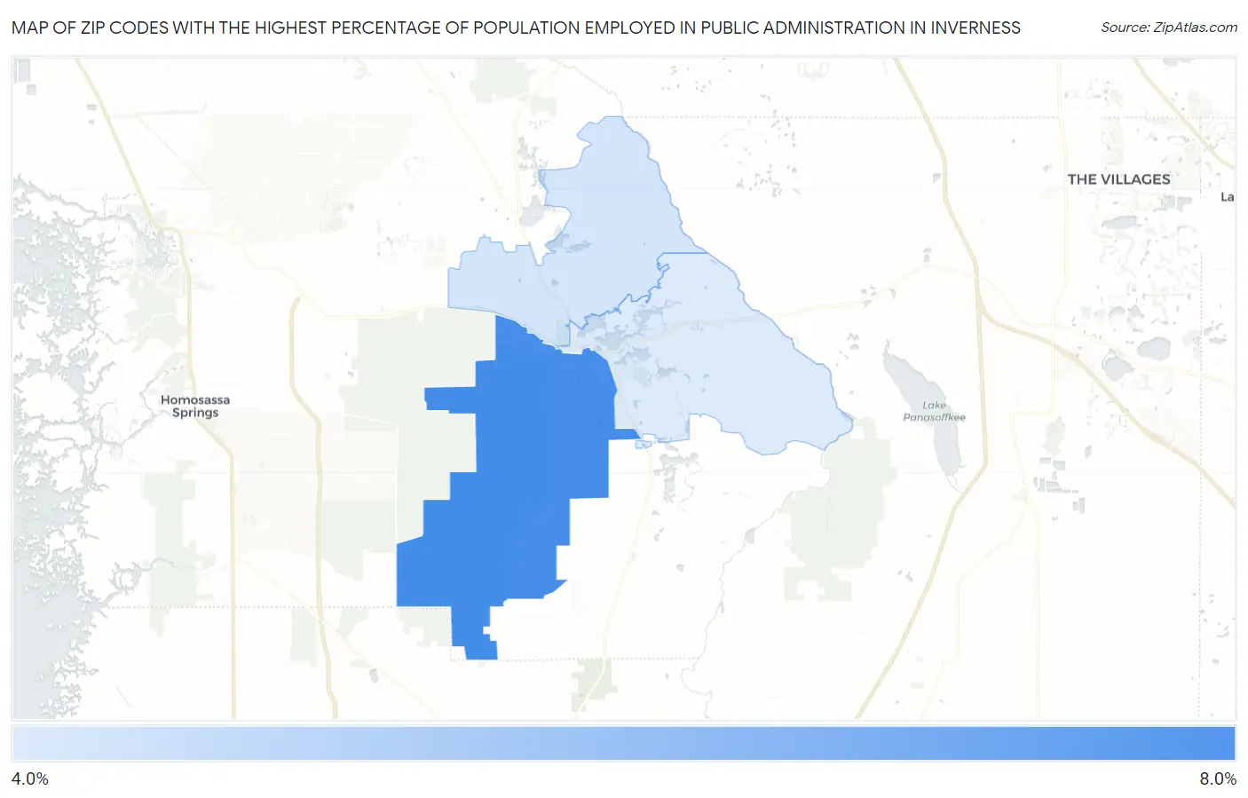 Zip Codes with the Highest Percentage of Population Employed in Public Administration in Inverness Map