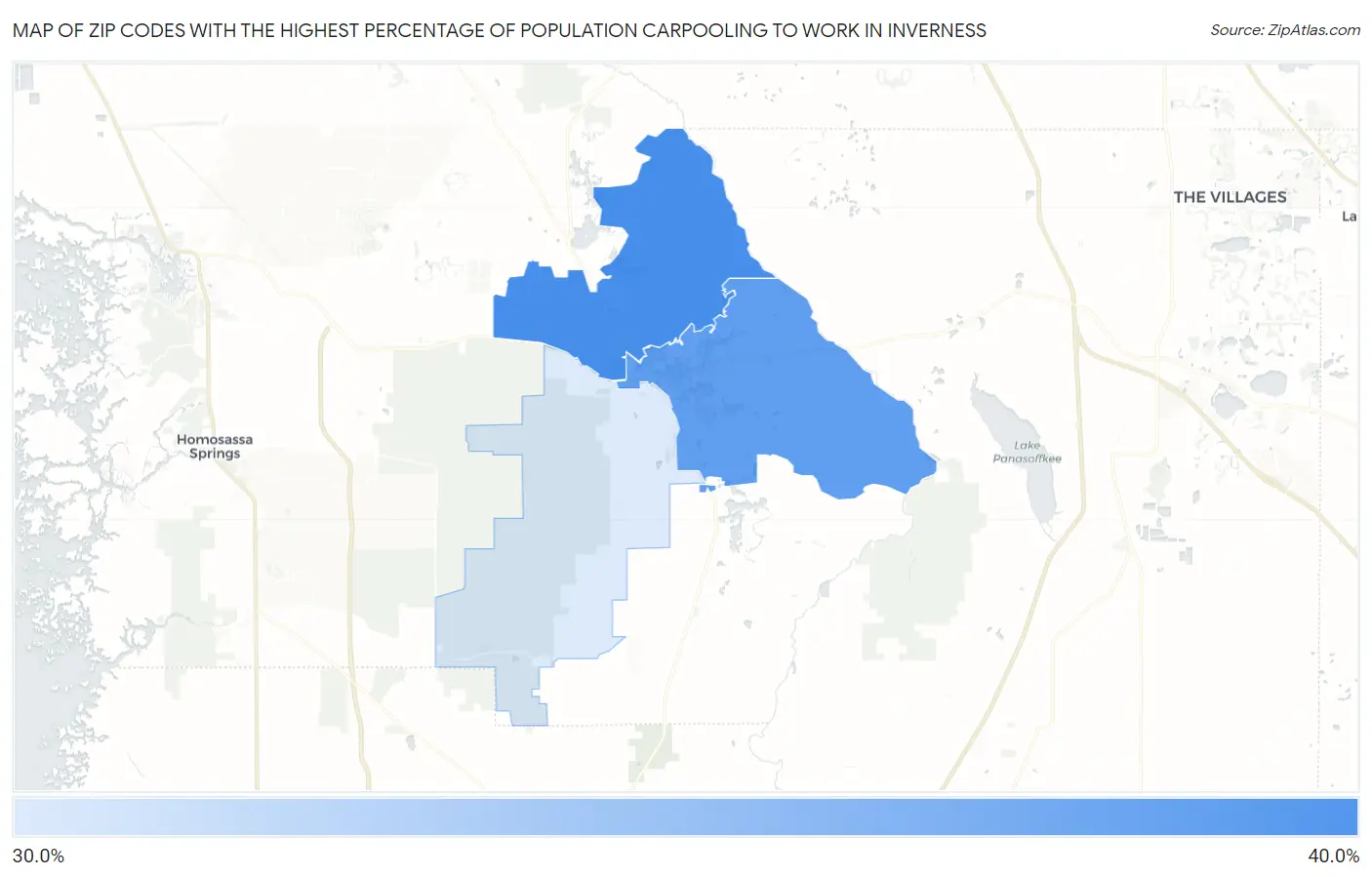 Zip Codes with the Highest Percentage of Population Carpooling to Work in Inverness Map