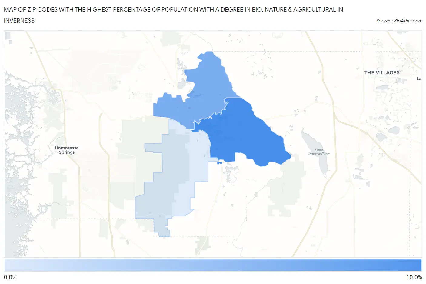 Zip Codes with the Highest Percentage of Population with a Degree in Bio, Nature & Agricultural in Inverness Map