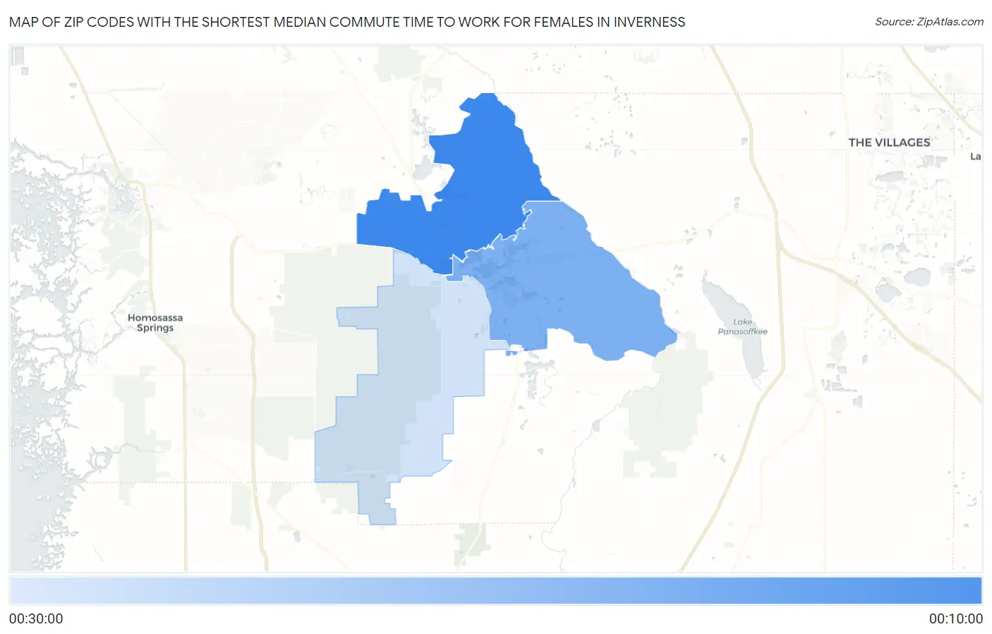 Zip Codes with the Shortest Median Commute Time to Work for Females in Inverness Map