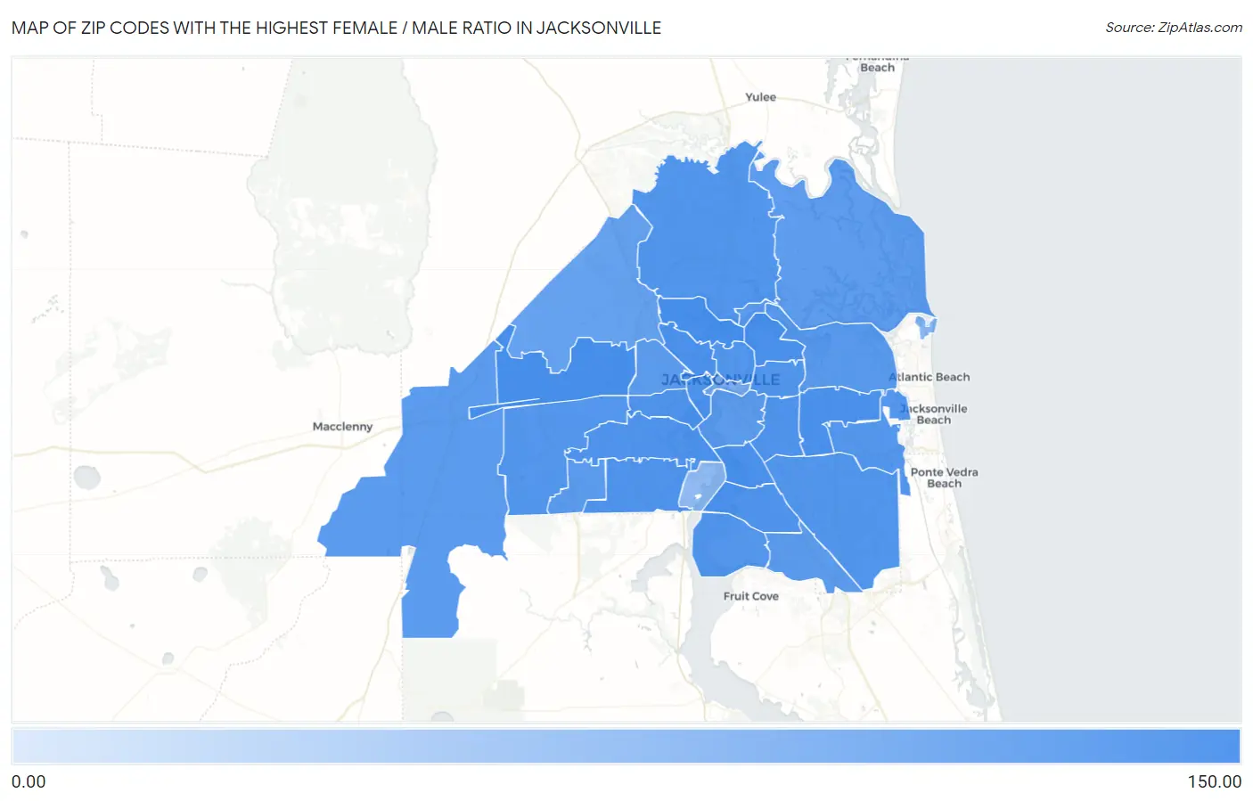 Zip Codes with the Highest Female / Male Ratio in Jacksonville Map