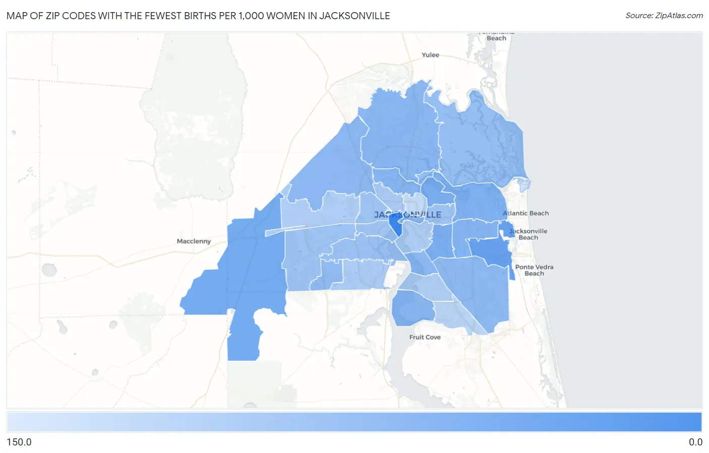 Zip Codes with the Fewest Births per 1,000 Women in Jacksonville Map