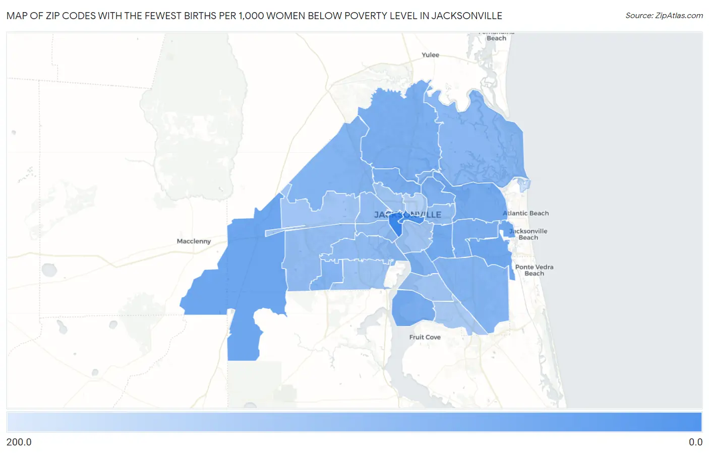 Zip Codes with the Fewest Births per 1,000 Women Below Poverty Level in Jacksonville Map
